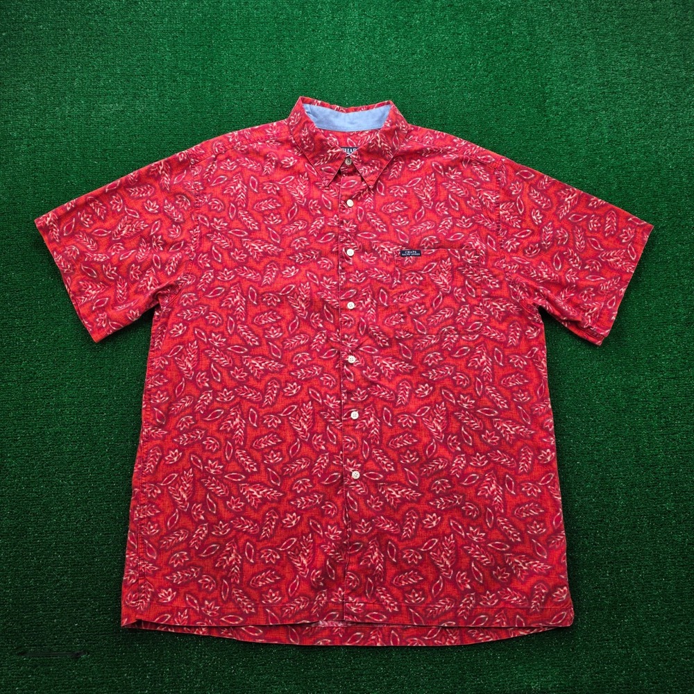 Vintage Chaps Ralph Lauren Shirt Mens XL Red Batik Leaf Hawaiian Button Up